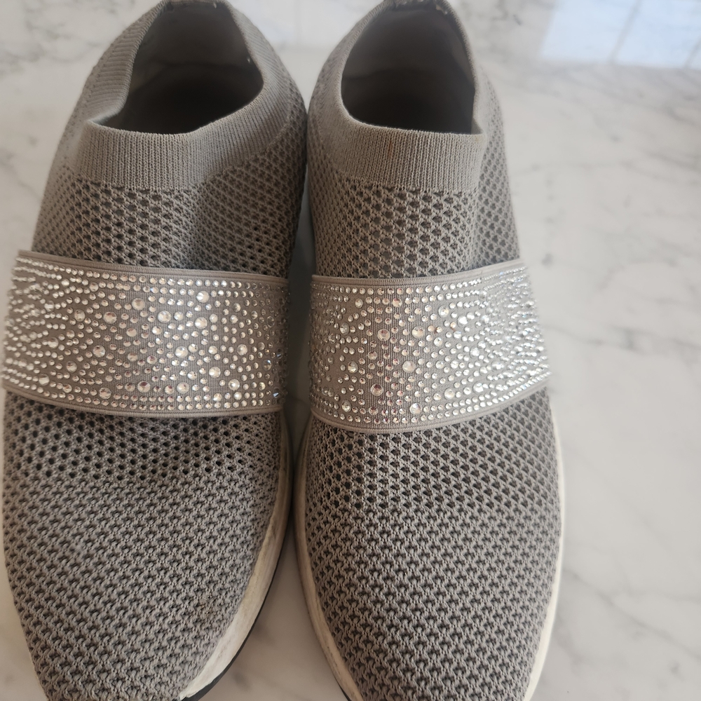 Anne Klein Sport Gray Knit Slip-On Sneakers with Rhinestone Strap